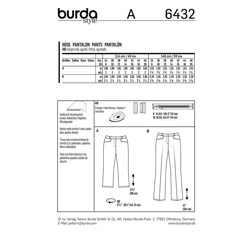 BURDA Sewing Pattern 6432 Dress Pants With Pressed Crease Styling