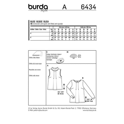 BURDA Sewing Pattern 6434 Pleated-Neckline Blouse With Sleeve Options