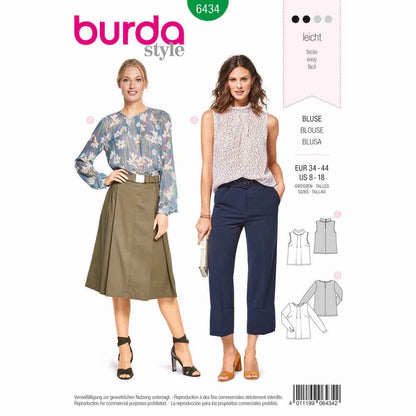 BURDA Sewing Pattern 6434 Pleated-Neckline Blouse With Sleeve Options