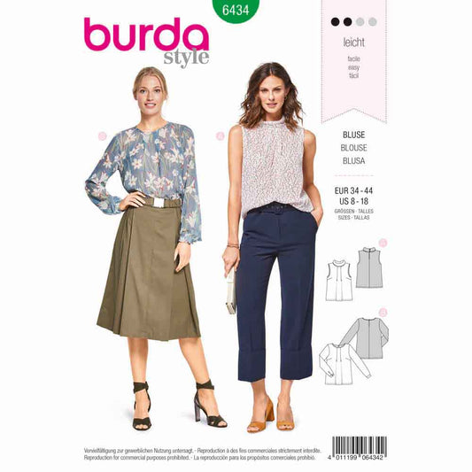 BURDA Sewing Pattern 6434 Pleated-Neckline Blouse With Sleeve Options