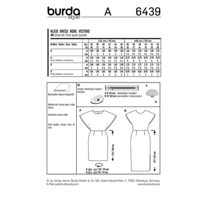 BURDA Sewing Pattern 6439 Dress With Back Detail And Batwing Option