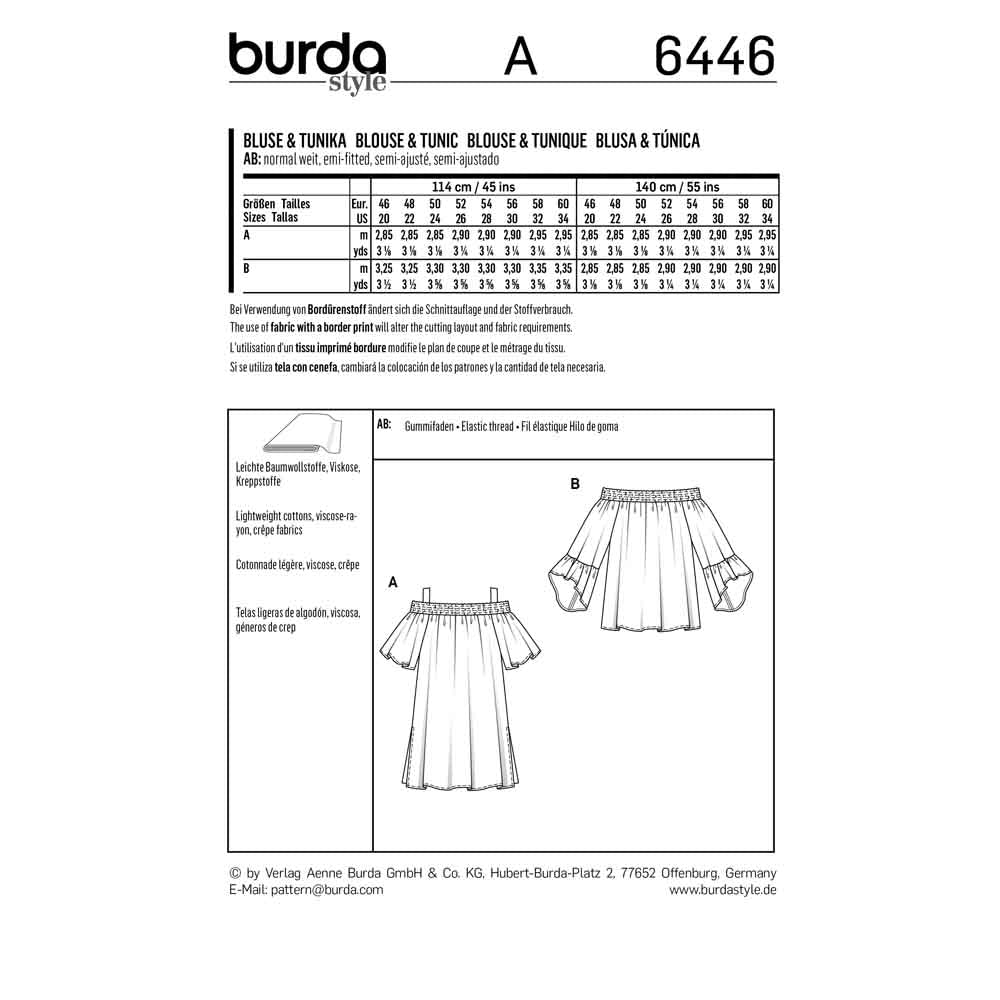 BURDA Sewing Pattern 6446 Shirred-Neckline Top With Sleeve Frills