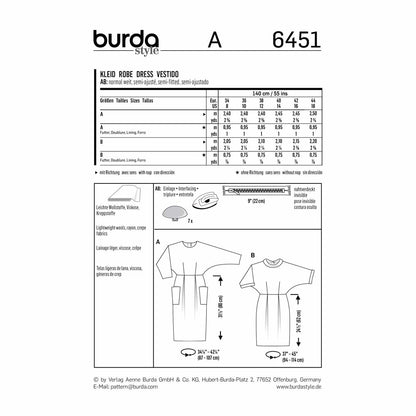 BURDA Sewing Pattern 6451 Batwing-Sleeve Dress With Back Button Closure