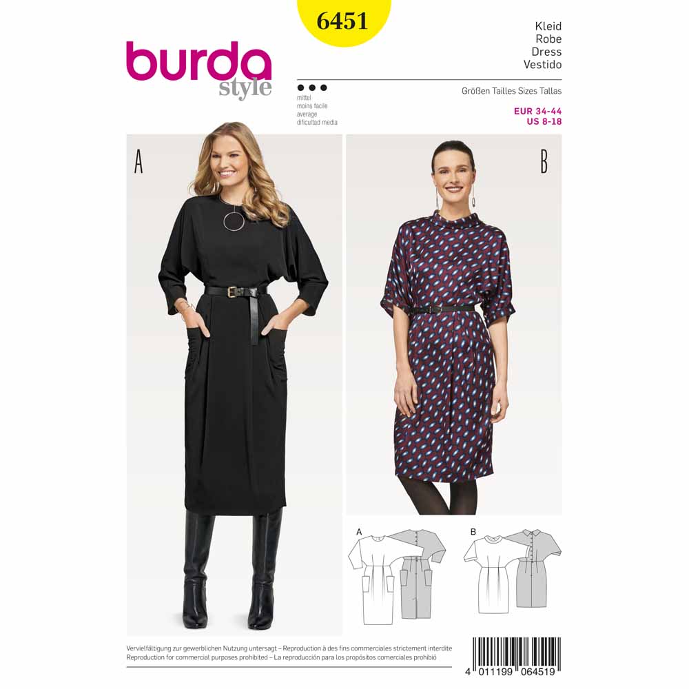 BURDA Sewing Pattern 6451 Batwing-Sleeve Dress With Back Button Closure