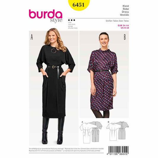 BURDA Sewing Pattern 6451 Batwing-Sleeve Dress With Back Button Closure