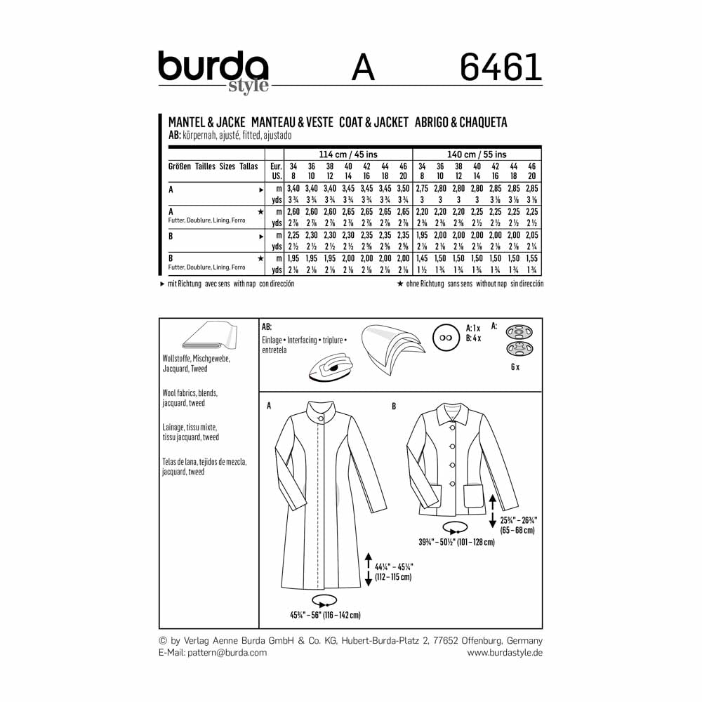 BURDA Sewing Pattern 6461 Coat Or Jacket With Panel Seams
