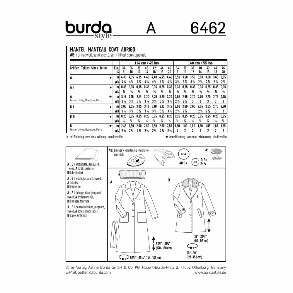 BURDA Sewing Pattern 6462 Blazer Coat With Detachable Collar Options