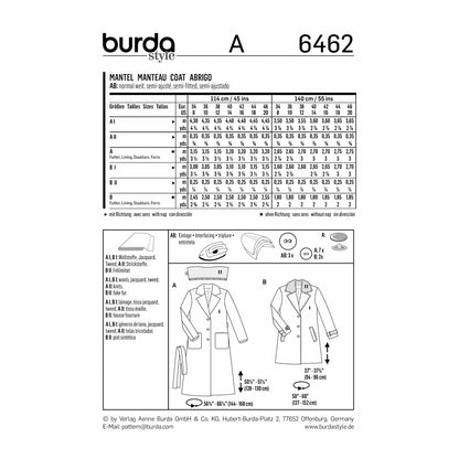 BURDA Sewing Pattern 6462 Blazer Coat With Detachable Collar Options