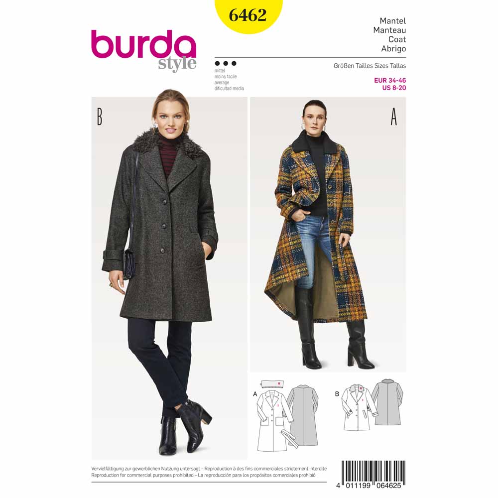 BURDA Sewing Pattern 6462 Blazer Coat With Detachable Collar Options