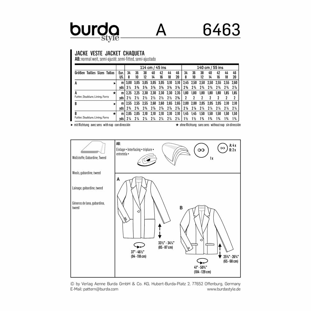 BURDA Sewing Pattern 6463 Blazer With Long Lapels And Pocket Options