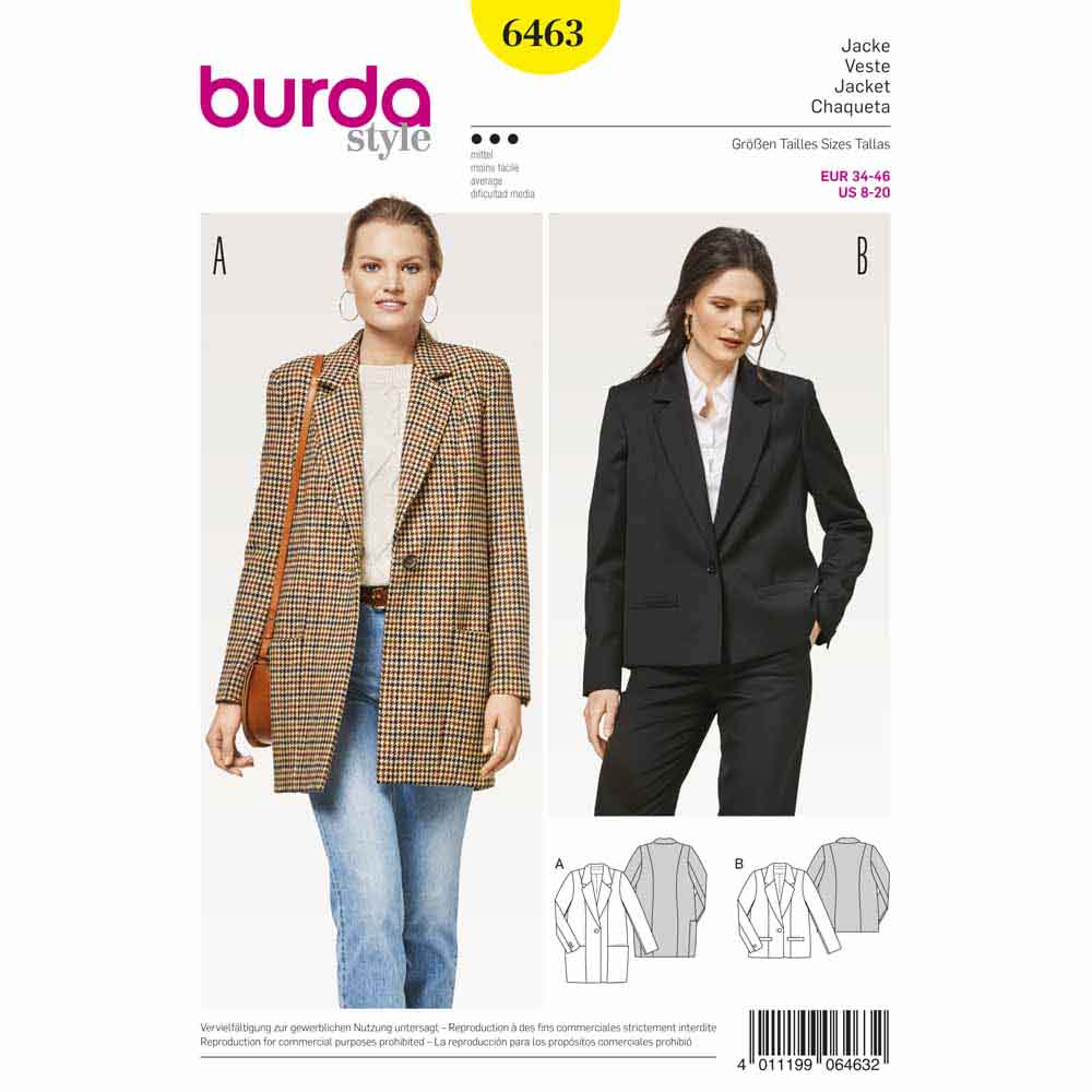 BURDA Sewing Pattern 6463 Blazer With Long Lapels And Pocket Options