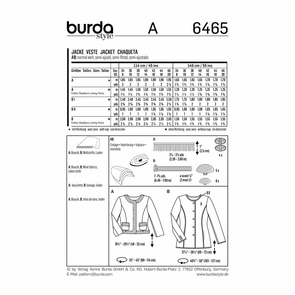 BURDA Sewing Pattern 6465 Collarless Jackets