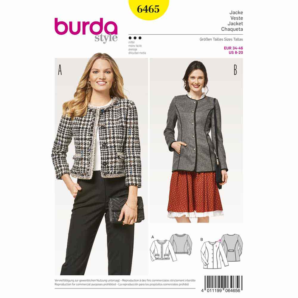 BURDA Sewing Pattern 6465 Collarless Jackets