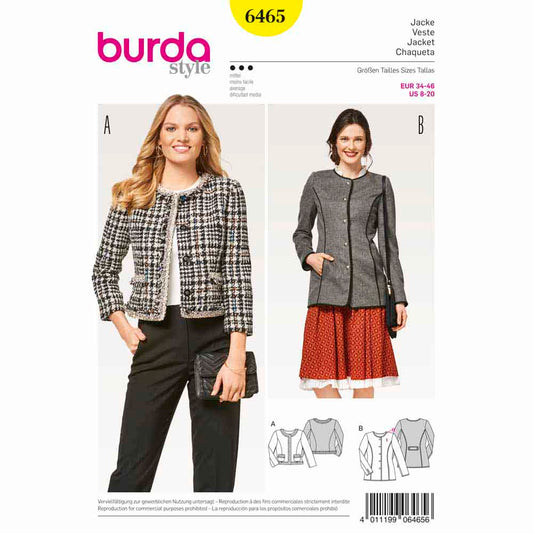 BURDA Sewing Pattern 6465 Collarless Jackets