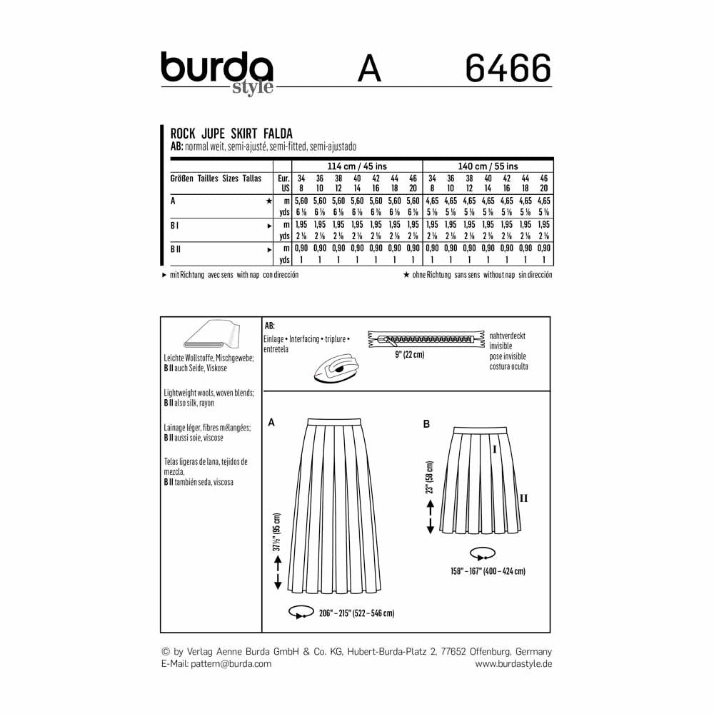 BURDA Sewing Pattern 6466 Pleated Skirt