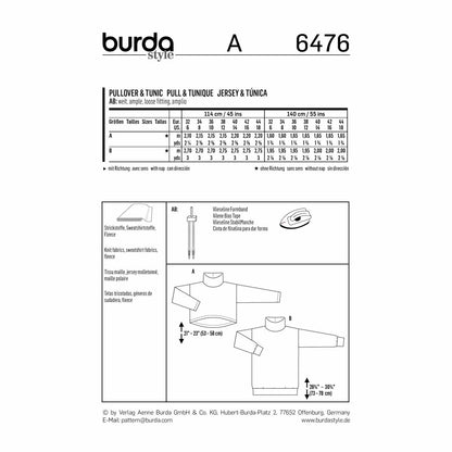 BURDA Sewing Pattern 6476 Pullover Tops