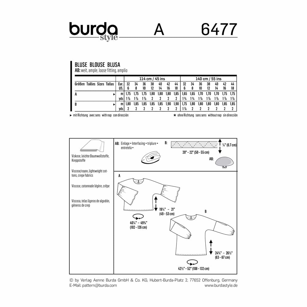 BURDA Sewing Pattern 6477 Wide-Cut Blouse Top