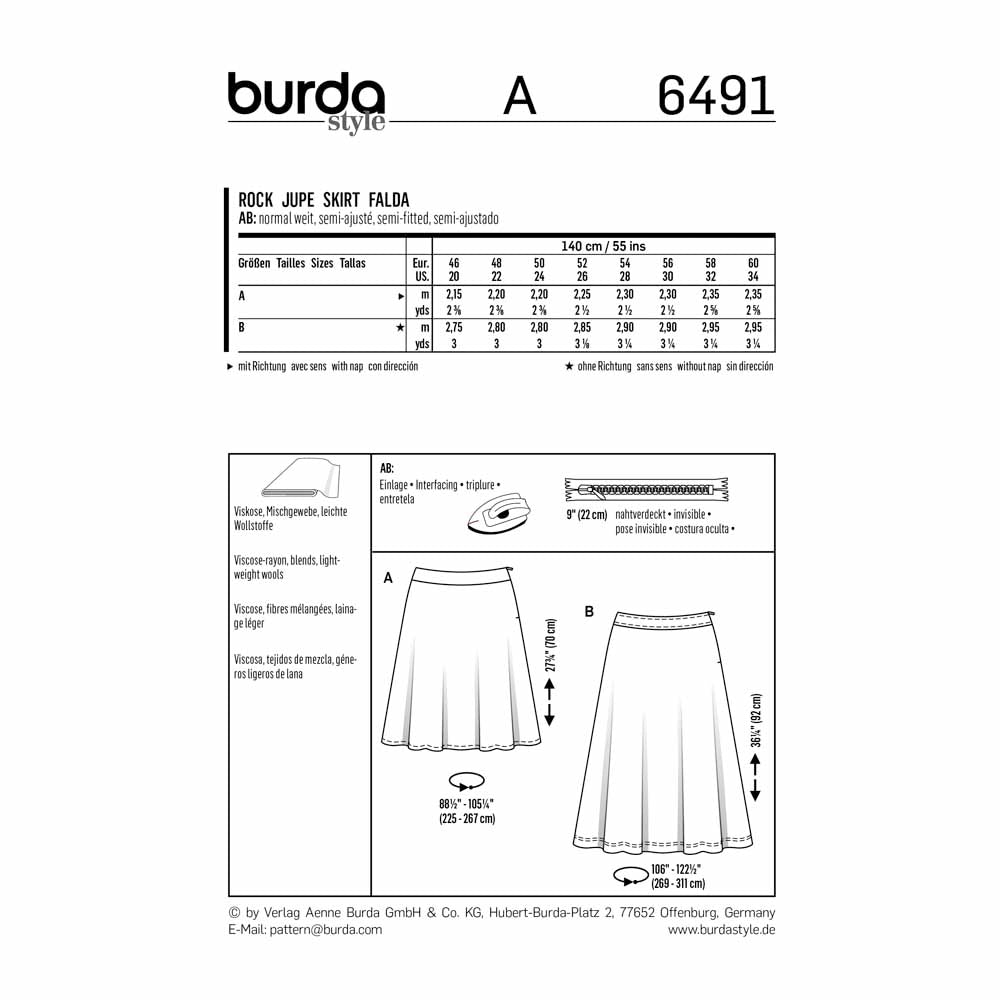 BURDA Sewing Pattern 6491 Bias-Cut Skirt