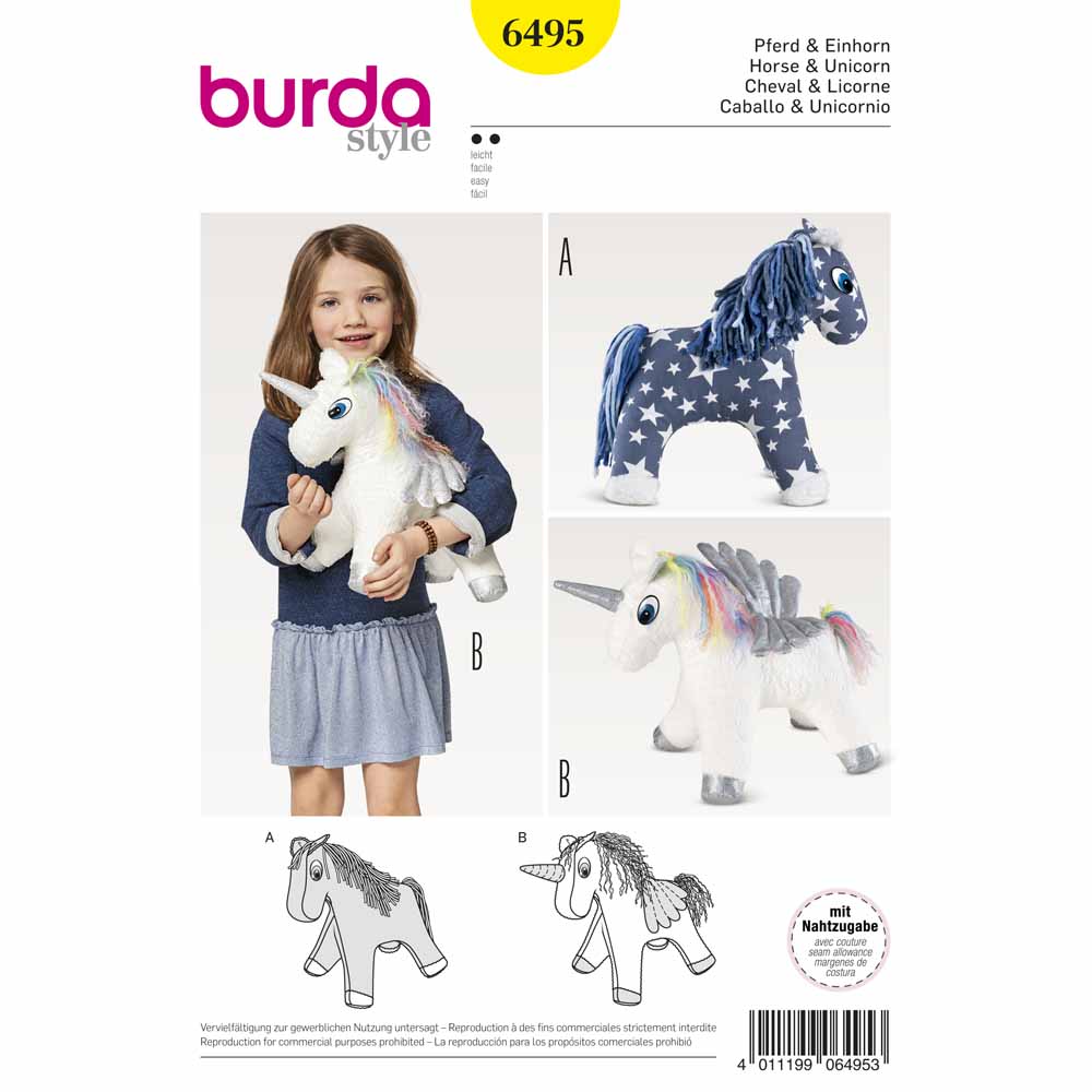 BURDA Sewing Pattern 6495 Stuffed Animal Horse/Unicorn