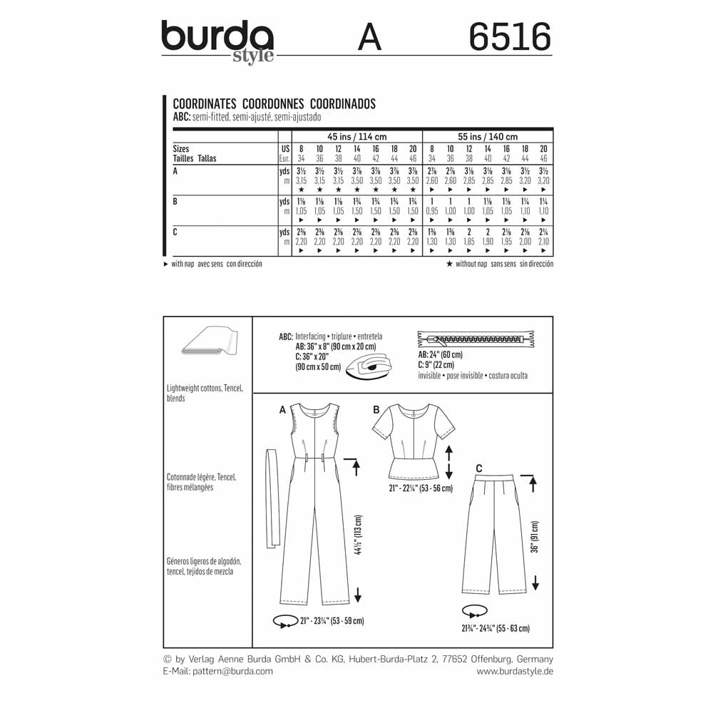 BURDA Sewing Pattern 6516 Jumpsuit, Trousers & Top