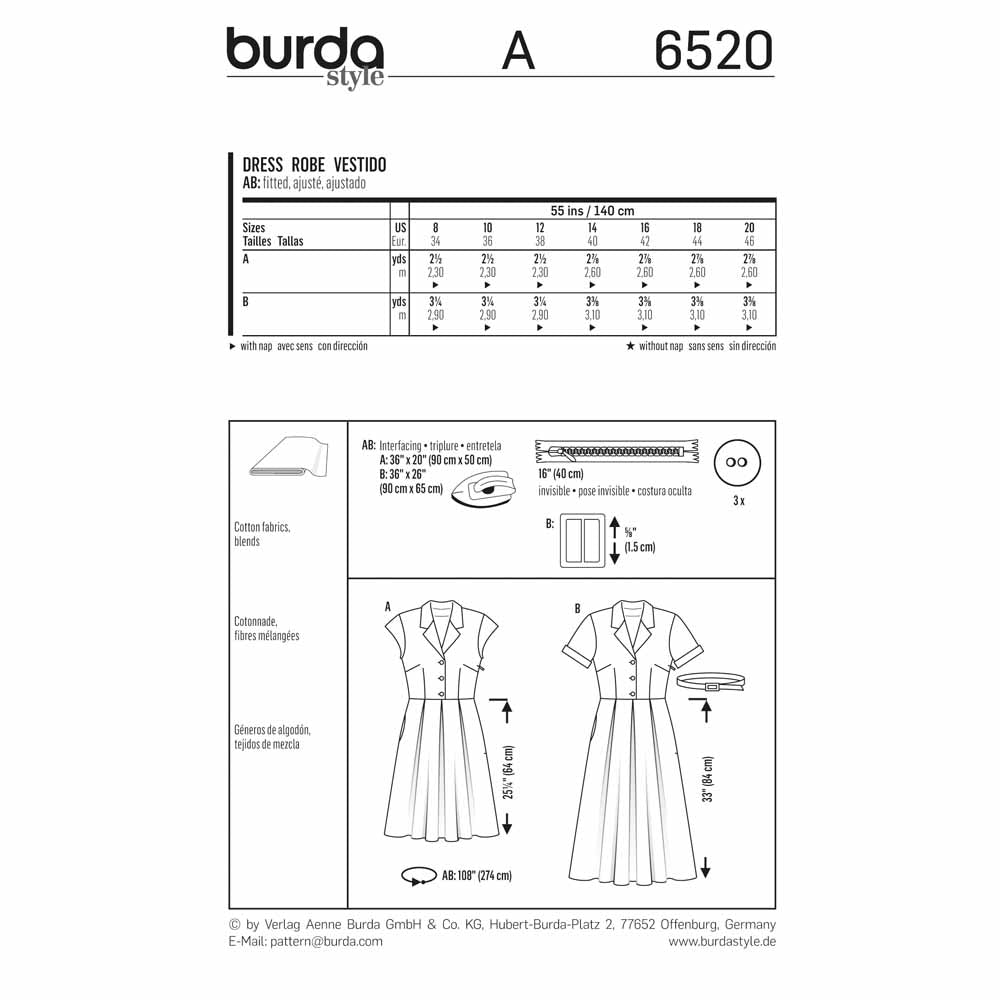 BURDA Sewing Pattern 6520 Shirt Dress
