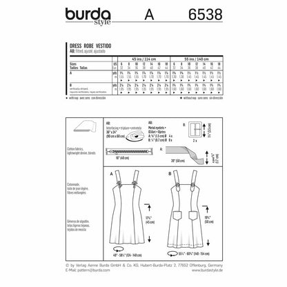 BURDA Sewing Pattern 6538 Strap Dress/Pinafore