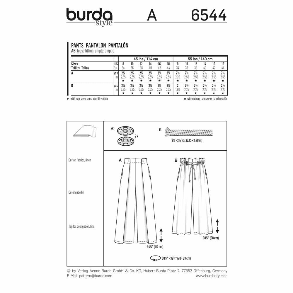 BURDA Sewing Pattern Pattern 6544 Ladies Pants