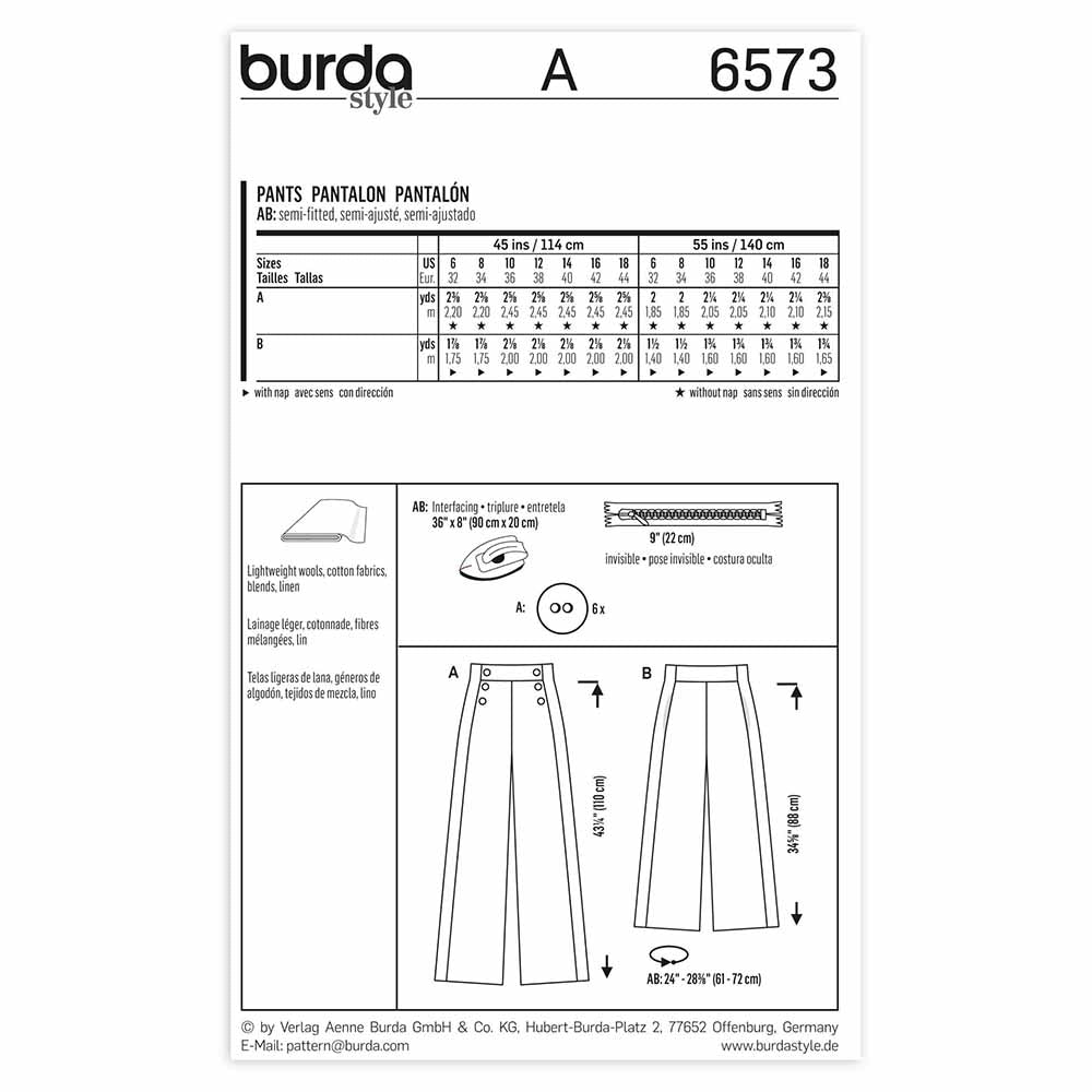 BURDA Sewing Pattern Pattern 6573 Ladies Pants