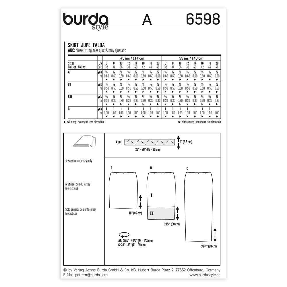 BURDA Sewing Pattern Pattern 6598 Ladies Skirt
