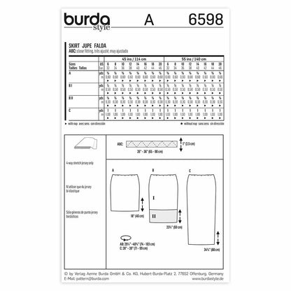 BURDA Sewing Pattern Pattern 6598 Ladies Skirt