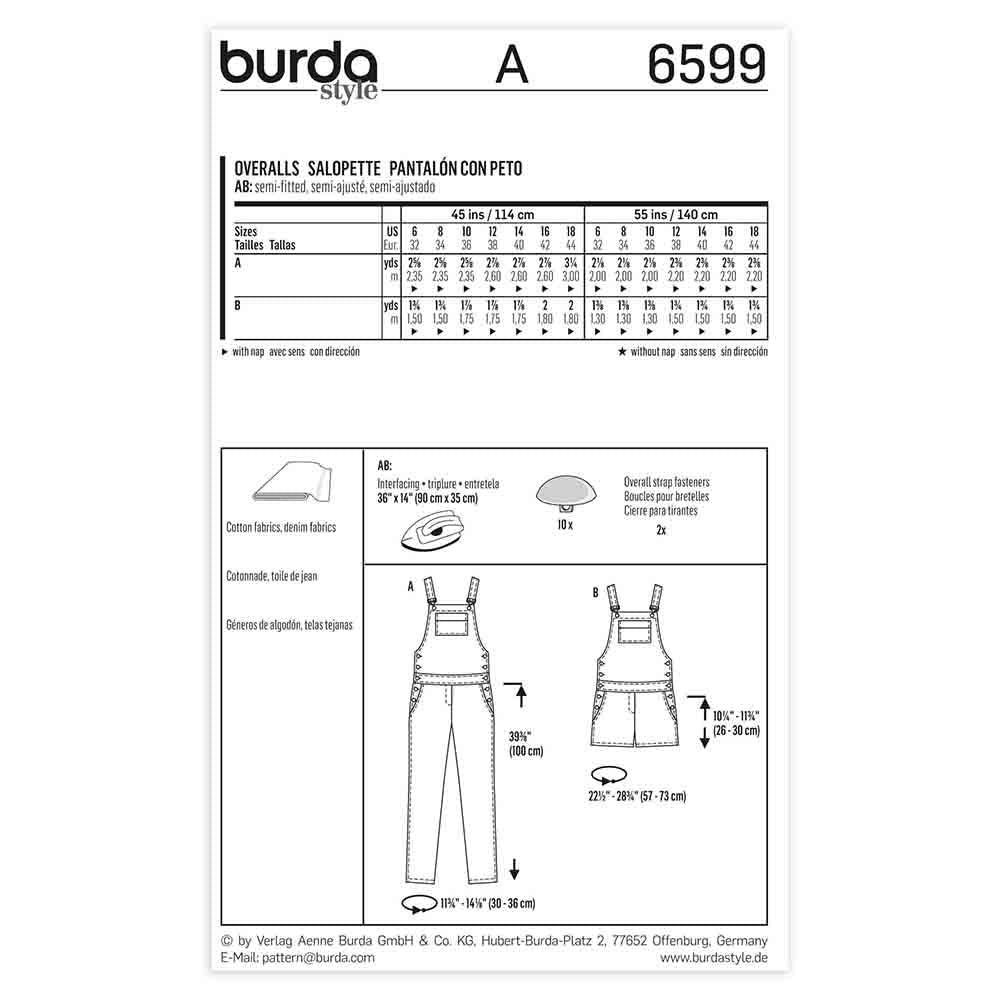 BURDA Sewing Pattern Pattern 6599 Ladies Overalls