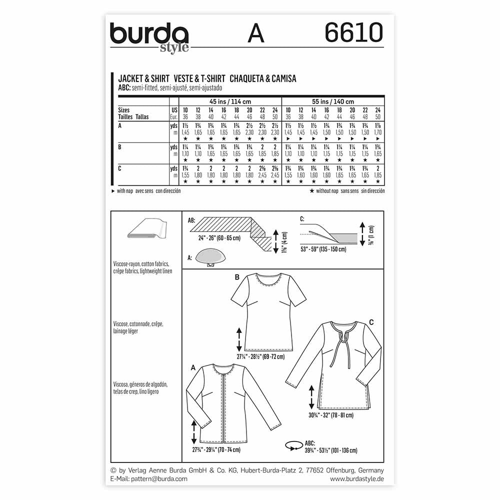 BURDA Sewing Pattern Pattern 6610 Ladies Jacket & Shirt