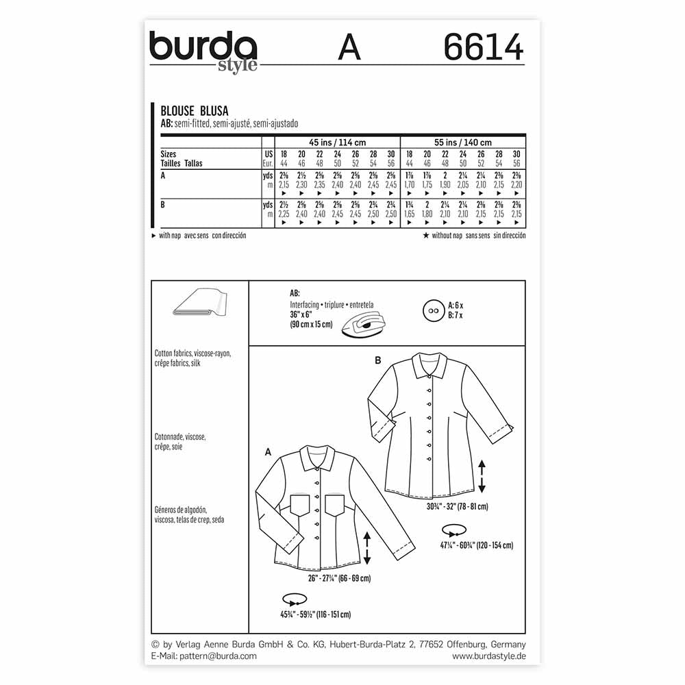 BURDA Sewing Pattern Pattern 6614 Ladies Blouse