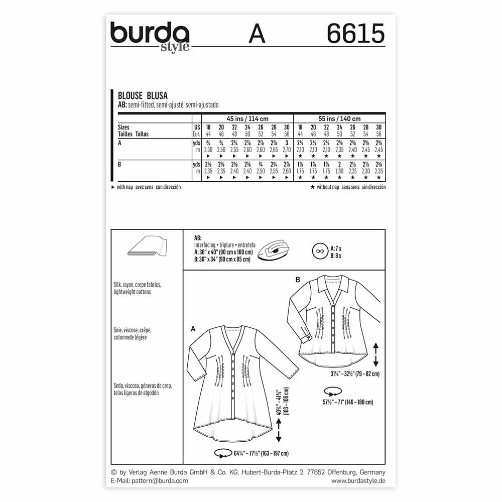 BURDA Sewing Pattern Pattern 6615 Ladies Blouse
