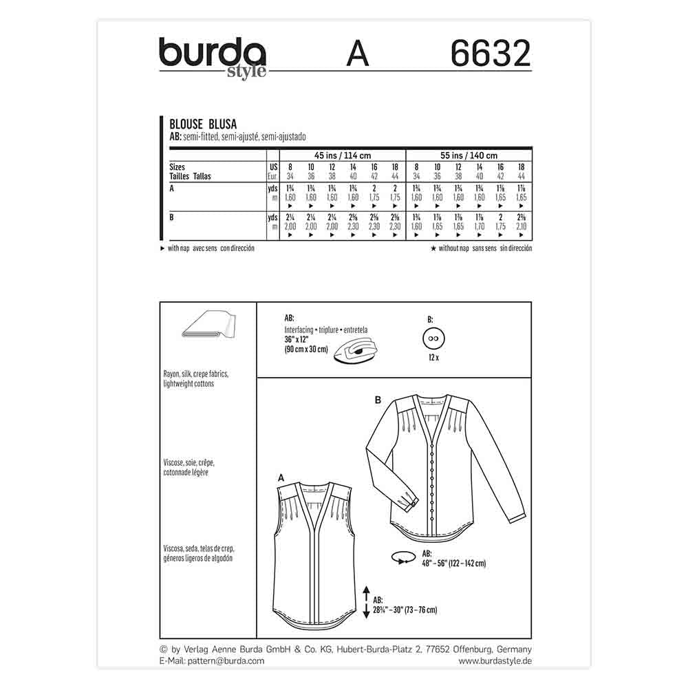 BURDA Blouse Sewing Pattern 6632 V-neck Pullover