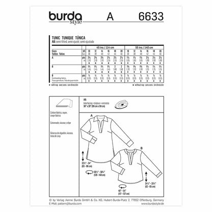 BURDA Tunic Sewing Pattern 6633 Collar Or Round Neck