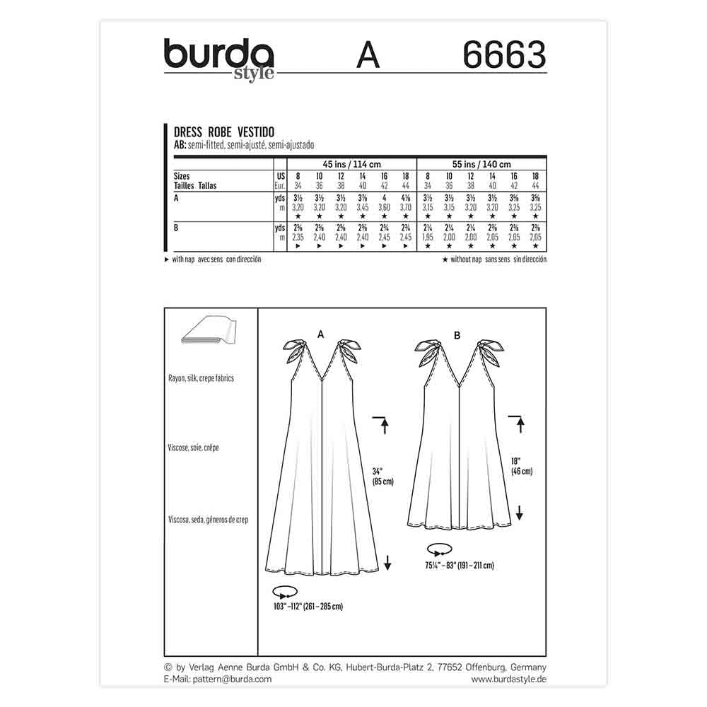 BURDA Dress Sewing Pattern 6663 Tie-shoulder V-neck