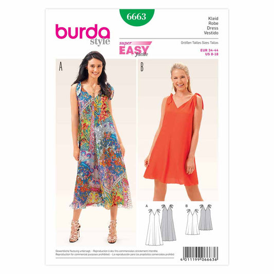 BURDA Dress Sewing Pattern 6663 Tie-shoulder V-neck
