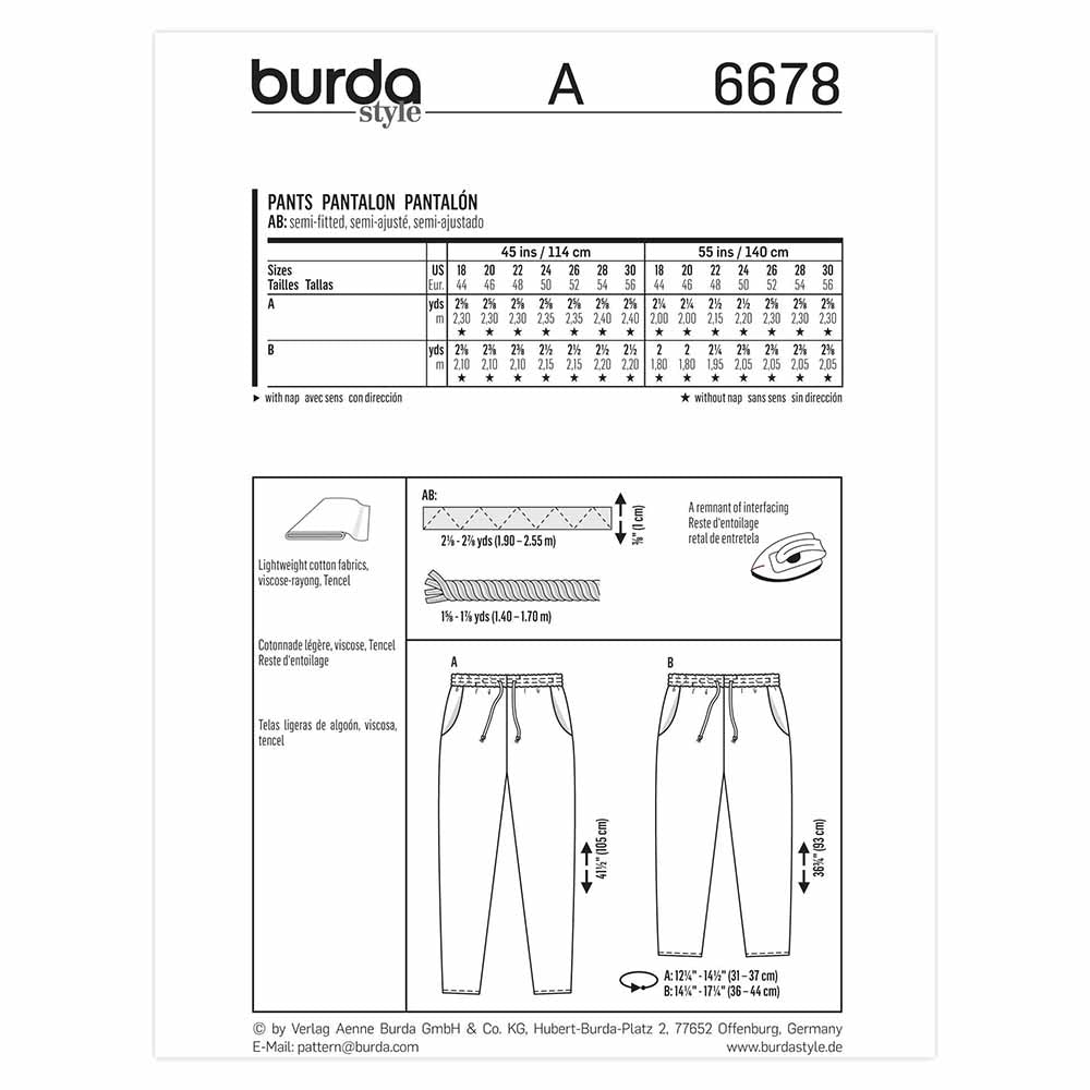 BURDA Trousers Sewing Pattern 6678 Elastic Waist Plus Sizes