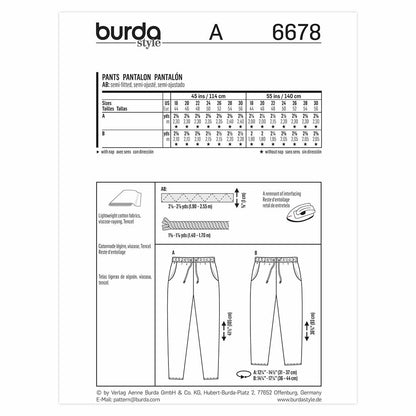 BURDA Trousers Sewing Pattern 6678 Elastic Waist Plus Sizes