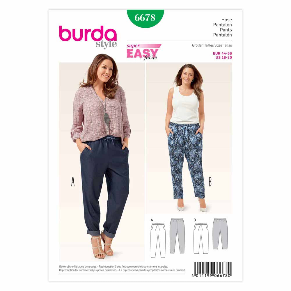 BURDA Trousers Sewing Pattern 6678 Elastic Waist Plus Sizes