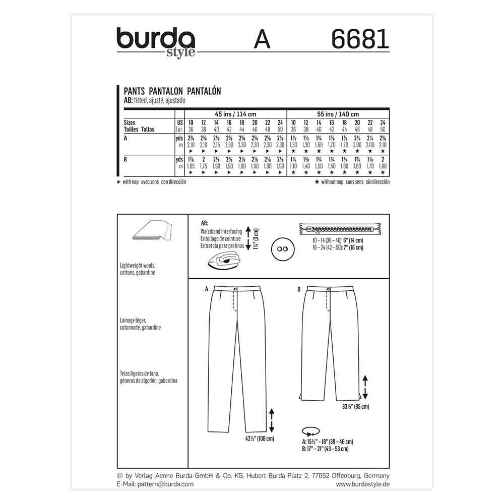 BURDA Trousers Sewing Pattern 6681 Slim Or Cropped