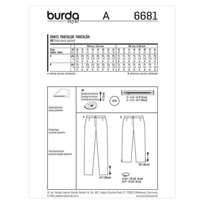 BURDA Trousers Sewing Pattern 6681 Slim Or Cropped
