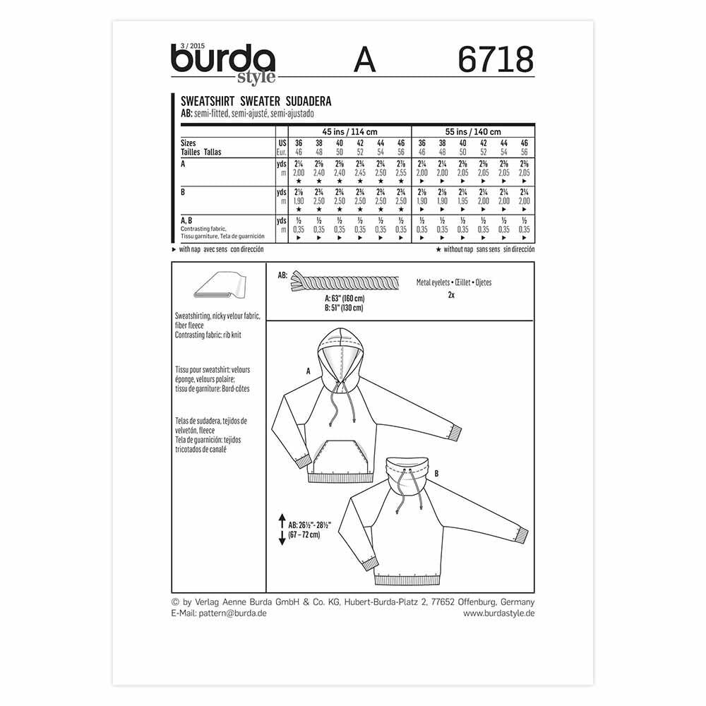 BURDA Men’s Sweatshirt Sewing Pattern 6718