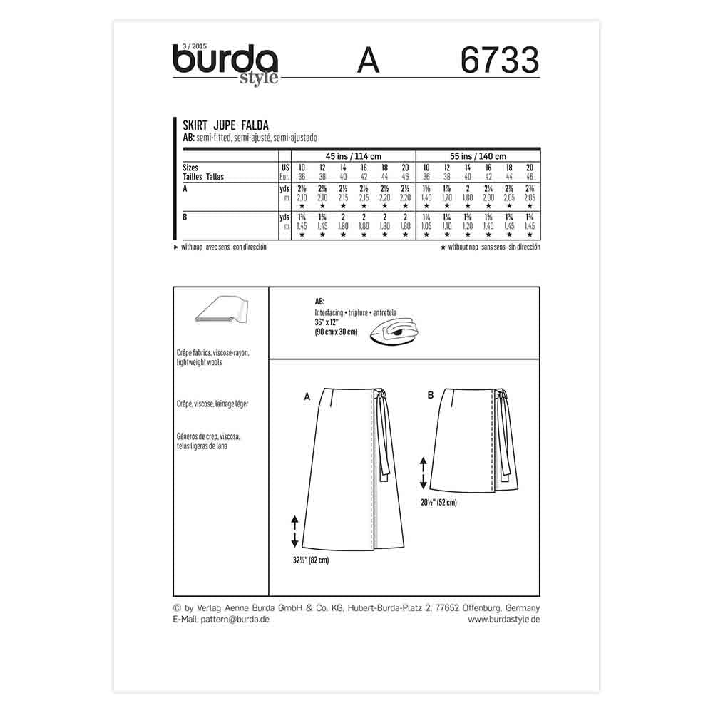 BURDA Wrap Skirt Sewing Pattern 6733 Long Or Short
