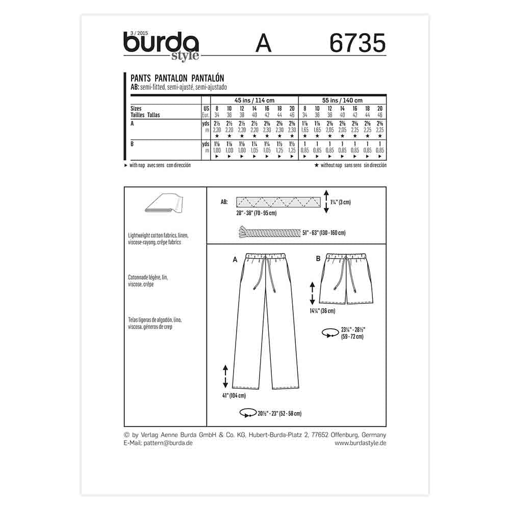 BURDA Trousers And Shorts Sewing Pattern 6735