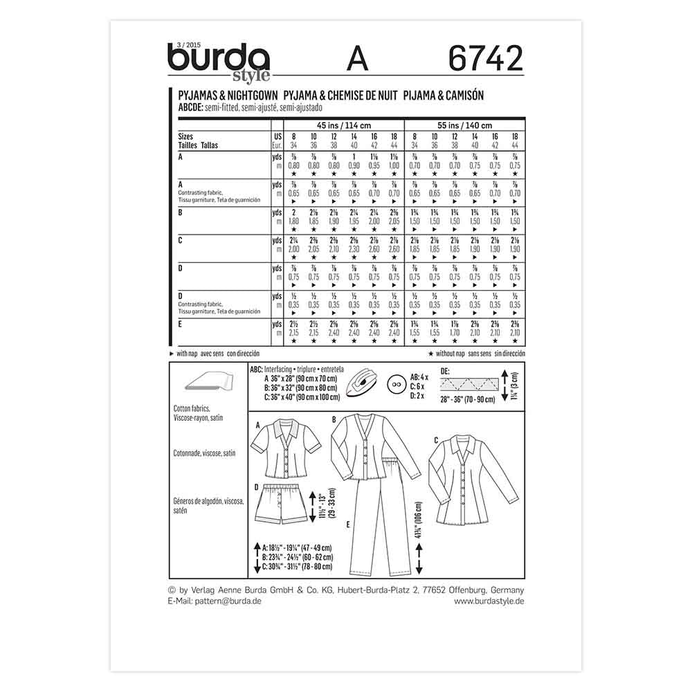 BURDA Ladies Pyjamas Sewing Pattern 6742