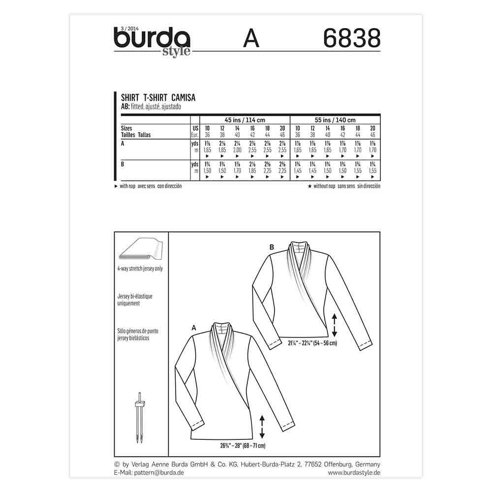 BURDA Sewing Pattern 6838 Knit Tops