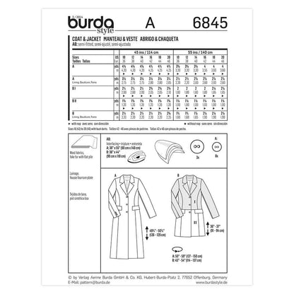 BURDA Sewing Pattern 6845 Coat Or Jacket