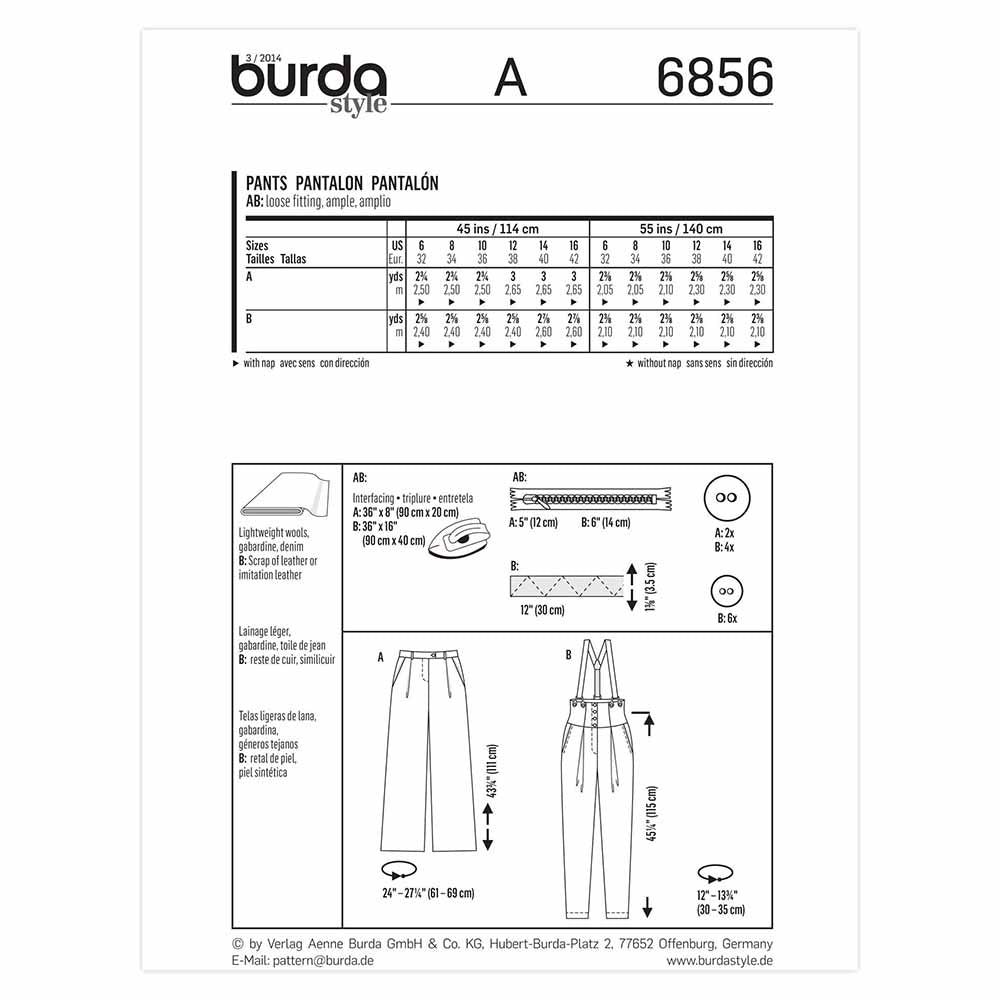 BURDA Sewing Pattern 6856 Youth Pants